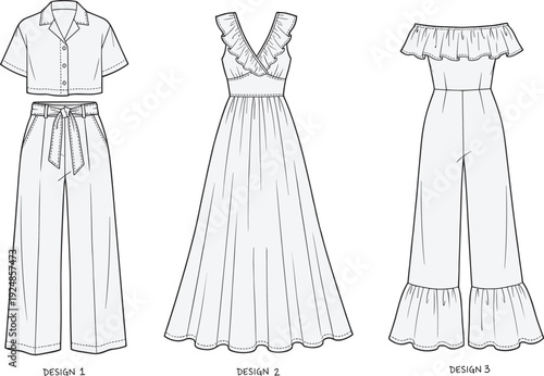 Women summer outfit set vector line art, elegant dress jumpsuit wide leg pants fashion illustration collection
