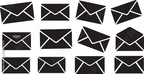 Collection of black envelopes on white background illustration set