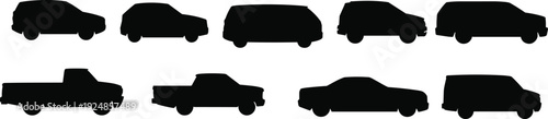 Collection of car and pickup truck silhouette icons isolated on white background, vector illustration set of sedan, SUV, van, and transport vehicle profiles