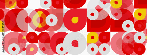 Abstract pattern features overlapping circles. Red, yellow, pink, white hues create vibrant, repeating design. Simple shapes dominate composition.