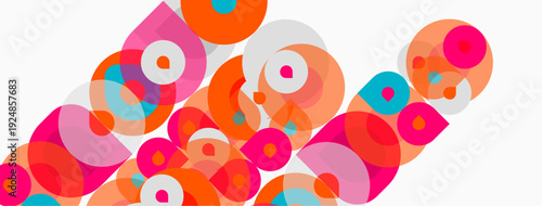 Abstract circles overlap, creating vibrant patterns. Pink, orange, blue hues dominate composition. Modern design, simple shapes.
