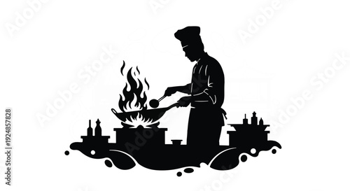 Skilled chef expertly cooking with flames in a wok on a stovetop, creating a culinary masterpiece.