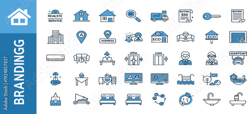 Real Estate and Property Management Icon Set with House Mortgage Loan Agent Eco Home and Building Symbols for Construction and Housing Business Design