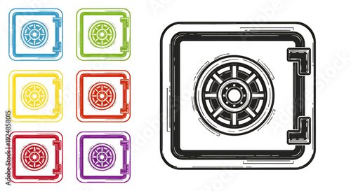 Row of colorful safe deposit boxes beside a large metal vault door in a bank setting.