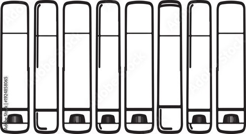 A row of ten identical glass containers with lids and handles Vector
