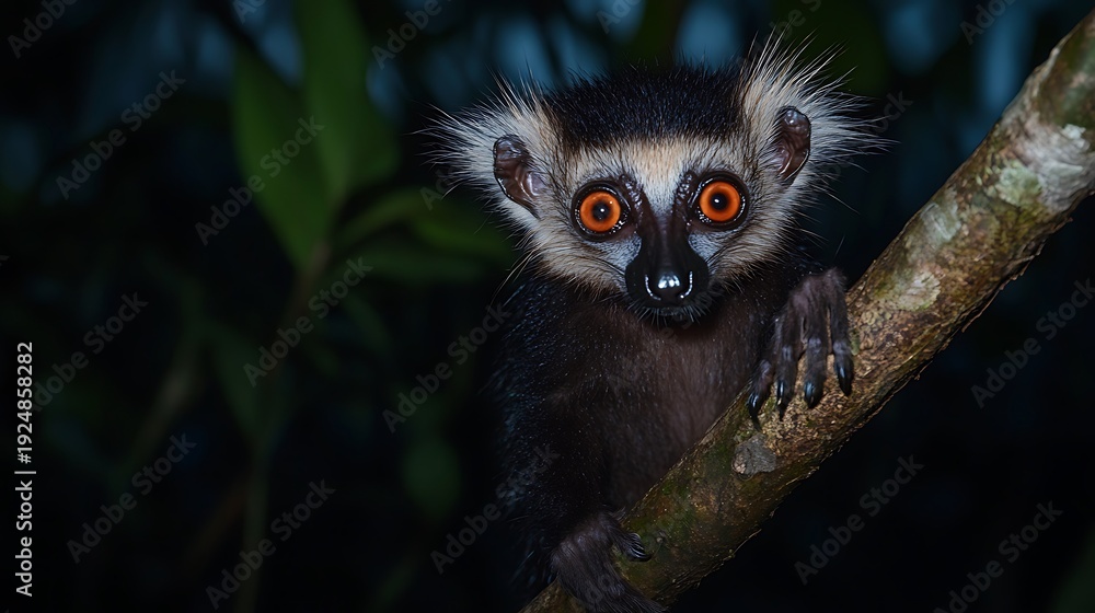 Fototapeta premium Lemur with wide orange eyes clinging to a branch in dark jungle night.