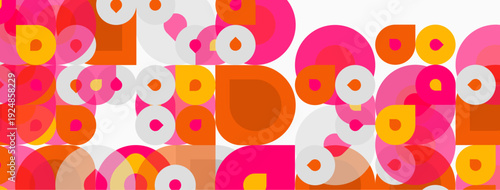 Abstract pattern. Overlapping circles, varying sizes, pink, orange, white hues create playful visual texture. Simple geometric design.