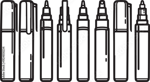 A variety of different types of pens and markers lined up next to each other Vector