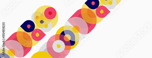Abstract colorful circles overlap, creating dynamic pattern. Bright hues contrast against white background. Modern design element.