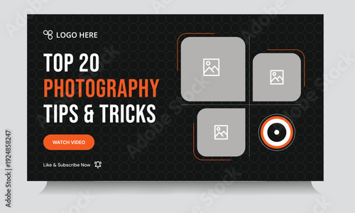 Trendy photography tips and tricks video thumbnail banner design, daily photo shoot technique video cover banner design, fully customizable vector eps 10 file format