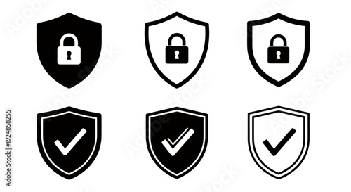 Set of shield icons depicting security, protection and verification in black and white.