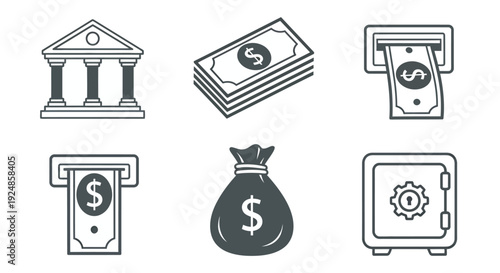 Set of business finance icons including bank, money, cash, and safe illustrations.