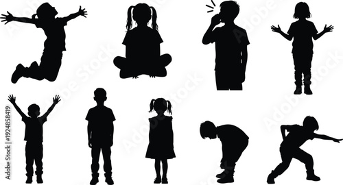 Children silhouettes collection with various poses including jumping, sitting, standing and playful gestures isolated on white background
