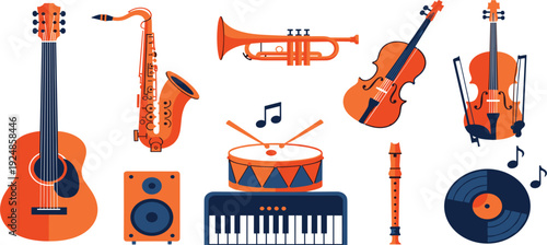 Musical Instruments Icon Set with Guitar Saxophone Trumpet Violin Drum Piano Recorder and Vinyl Record for Music Education and Audio Design Projects