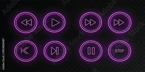 Neon Media Player Control Icons Set with Play Pause Stop Forward and Rewind Buttons Glowing UI Elements for Music and Video Apps