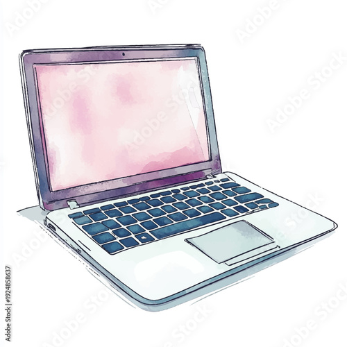 Watercolor Laptop Illustration with Pink Screen and Blue Keyboard Details