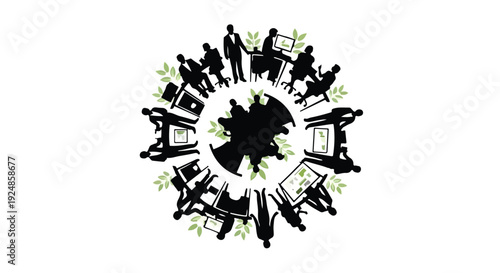 Diverse group of professionals collaborating in a circular arrangement, symbolizing global teamwork and sustainability.