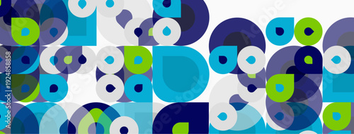 Abstract pattern. Overlapping circles, varying sizes, blue, green, white hues create dynamic composition. Modern design element.
