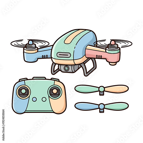 A drone and its controller with extra propellers displayed against a clean white background from a straightforward viewpoint