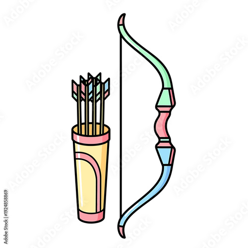 A colorful illustration of a bow and quiver with arrows standing upright against a plain background from a front viewpoint
