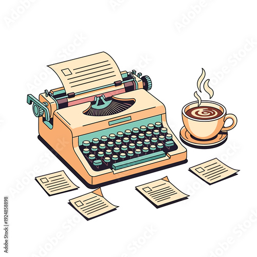 Vintage typewriter with steaming coffee cup and scattered papers on a desk viewed from the side