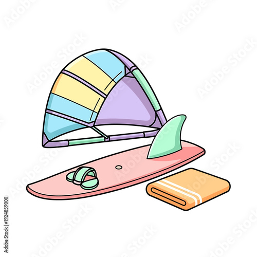 A windsurfing board with kite and towel on a beach, viewed from the side, showcasing a serene watersports scene.