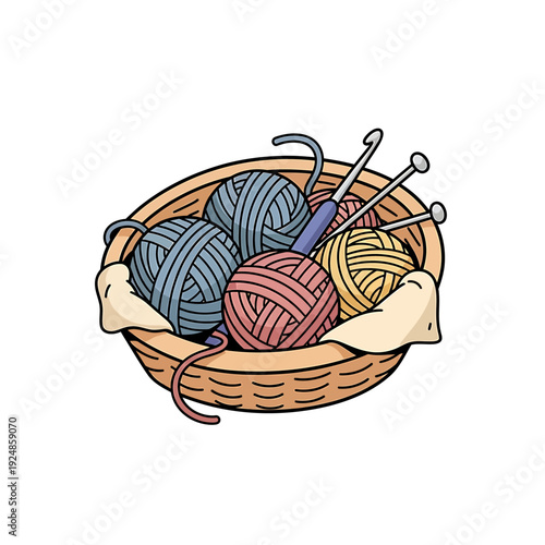Colorful yarn balls and knitting needles in a wicker basket illustration from a top viewpoint