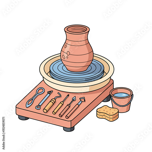 Potter shapes clay on rotating wheel, creating symmetrical ceramic vessel with various tools