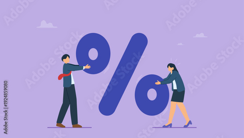 Business people competition for big sign percentage. Business competition for market share percentage, conflict in investment benefit, trade war concept.