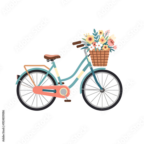 A bicycle with a wicker basket full of colorful flowers viewed from the side in a serene outdoor setting