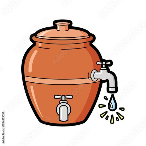 A clay water container with a faucet dripping water, viewed from the front in an illustration