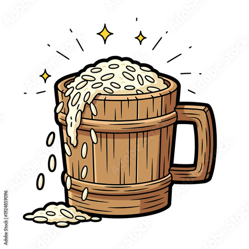 Foamy beer spills from a wooden mug, creating a lively scene, close-up view
