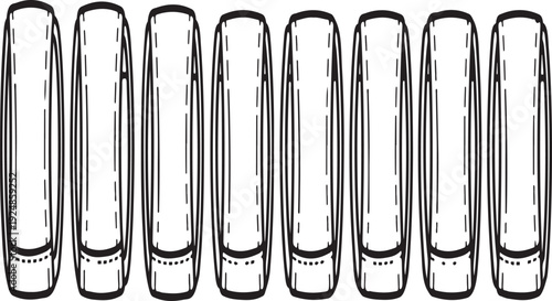 A row of nine cylindrical glass containers with narrow necks and wide bases. Vector