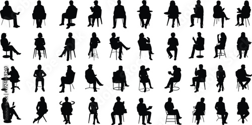 Collection of black silhouettes of people sitting in chairs and on stools vector illustration