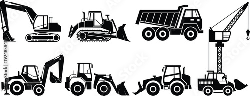 Construction Machinery Silhouette Set with Excavator, Bulldozer, Dump Truck, Loader and Crane Isolated on White Background Vector Illustration