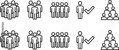 People and crowd icon set with group of users business team organization hierarchy leader check mark and human community symbols in outline style.