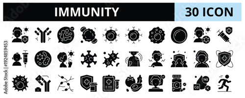 30 Immunity Glyph Icons Vector - Antibodies, Antibodies, Probiotics, T Cell, B Cell, Pathogen, Vitamin, Lymphocyte