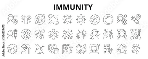 30 Immunity Line Icons Vector - Antibodies, Antibodies, Probiotics, T Cell, B Cell, Pathogen, Vitamin, Lymphocyte