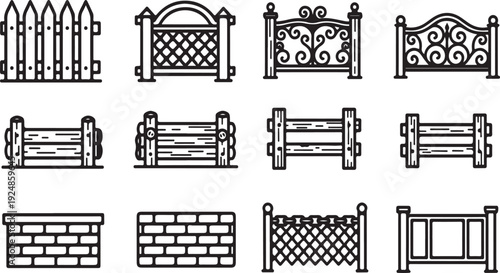 A collection of various types of fences and barriers in a black and white illustration Vector