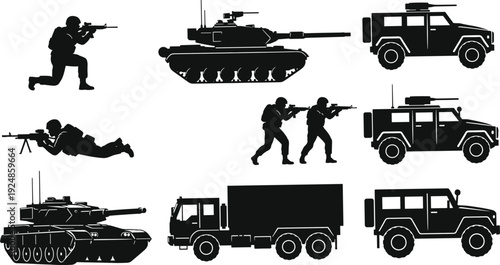 Military silhouettes collection with soldiers tanks armored vehicles and transport trucks illustration symbolizing army defense warfare combat equipment isolated vector icons