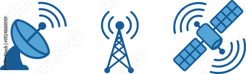 Satellite dish and telecommunication tower icons with space satellite for global network wireless signal and communication technology isolated on white background vector