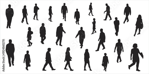 Diverse group of people silhouettes walking and standing on white background human woman