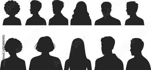 Diverse Silhouette Busts of Men and Women with Various Hairstyles profile front view