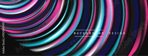 Abstract flowing lines create vibrant, colorful layers. Dynamic curves suggest movement, depth, modern aesthetic. Black background emphasizes bright hues.