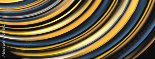 Abstract lines create dynamic visual flow. Gold, blue hues dominate composition. Smooth curves suggest movement, depth. Minimalist design.