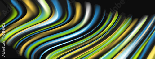 Abstract colorful lines create dynamic wave pattern. Bright hues contrast dark background, offering modern aesthetic.