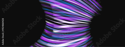 Abstract swirling ribbons, purple hues dominate, dynamic form suggests figure. Dark background emphasizes vibrant colors, smooth transitions visible.
