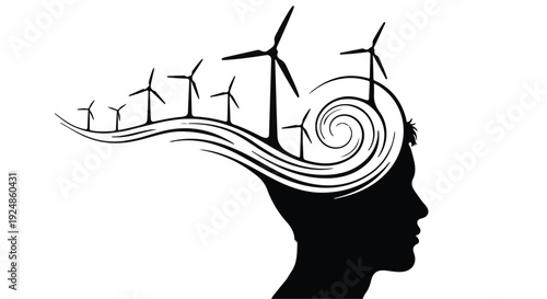 Wind turbines symbolize innovative ideas and sustainable thinking emerging from a person's mind.