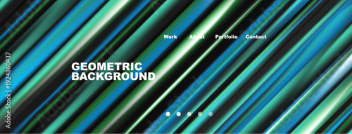 Abstract geometric background features vibrant blue, green lines. Website navigation includes work, about, portfolio, contact sections.