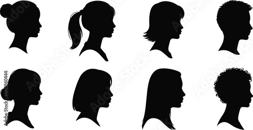Collection of female and male head silhouette profiles with various hairstyles isolated on white background, vector style illustration for beauty, fashion, and avatar design